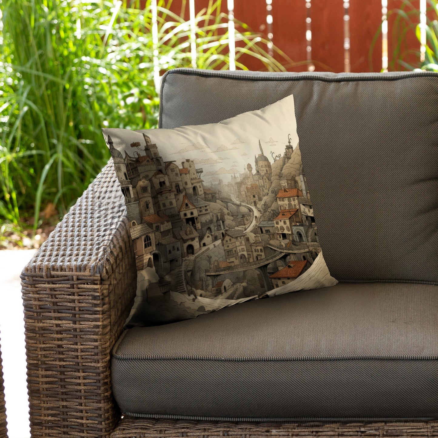 Intricate town hall Orange poly twill throw pillow | Home decor