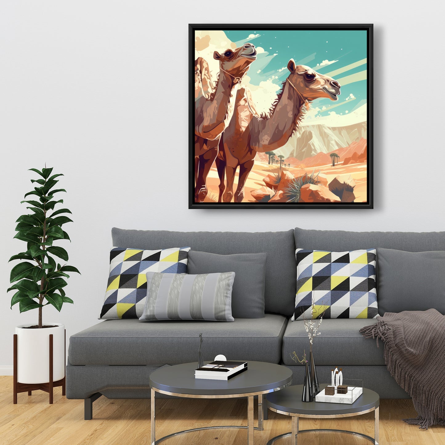 Two camels - Framed Canvas - Print on demand