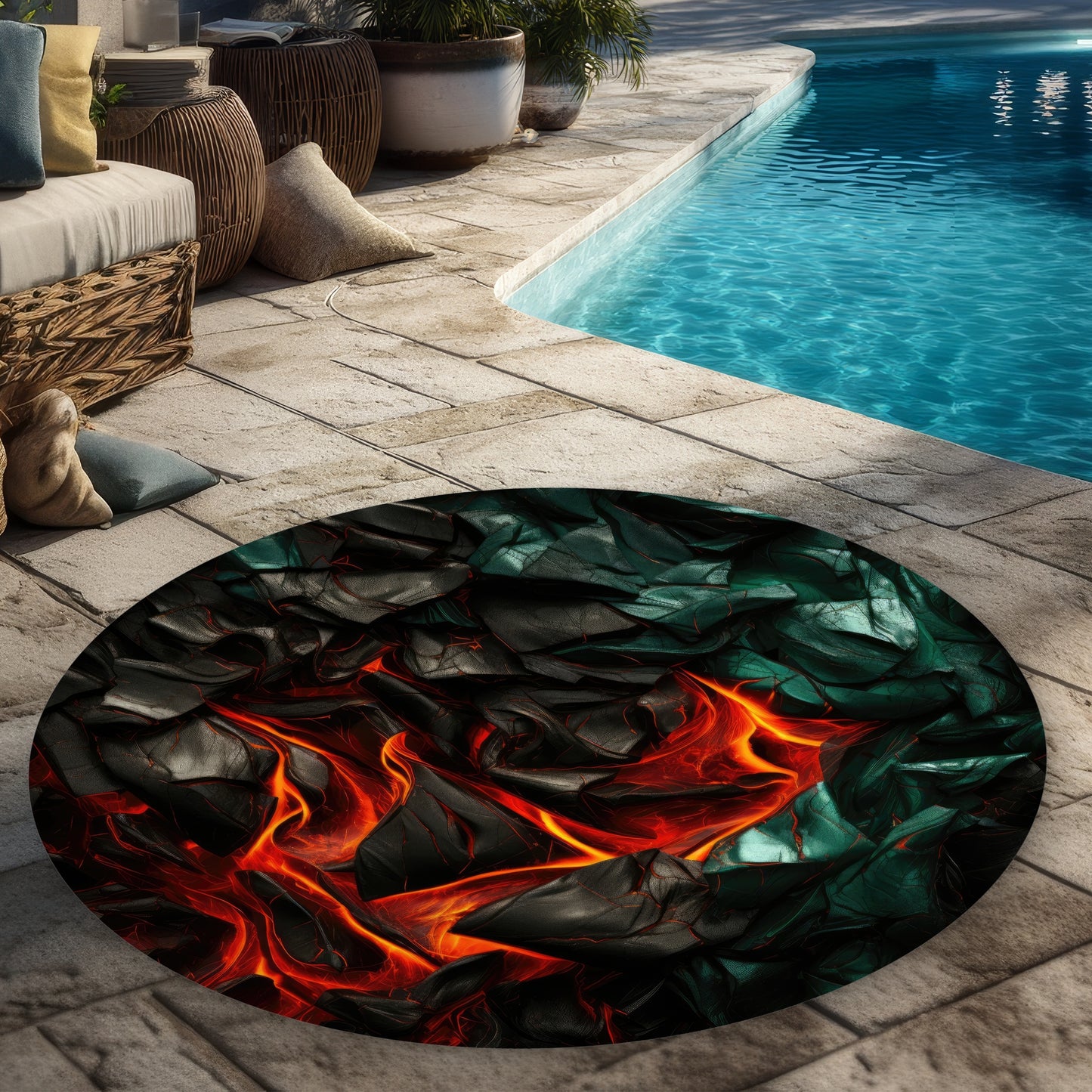 Imminent Rupture Black 5' Round Outdoor Area Rug | Home Decor