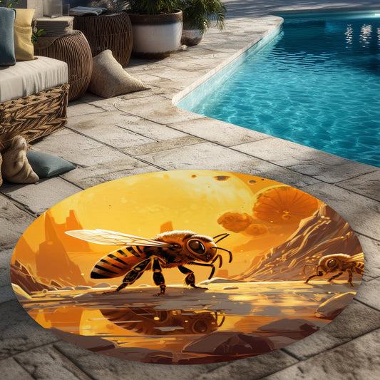 Bee World Orange 5' Round Outdoor Area Rug for Home Decor