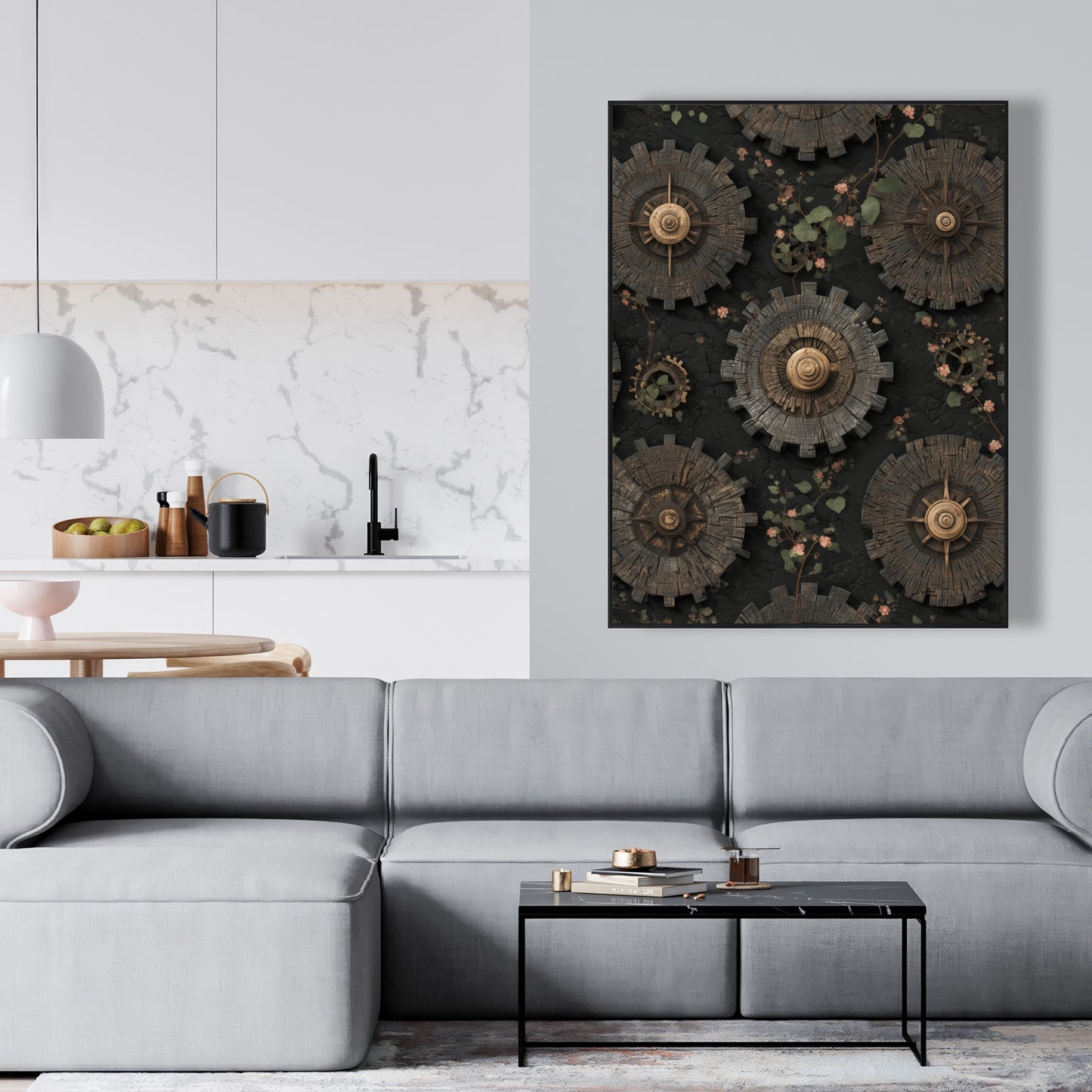 Cog Pattern - Green Framed Canvas for Home Decor | Unique Art
