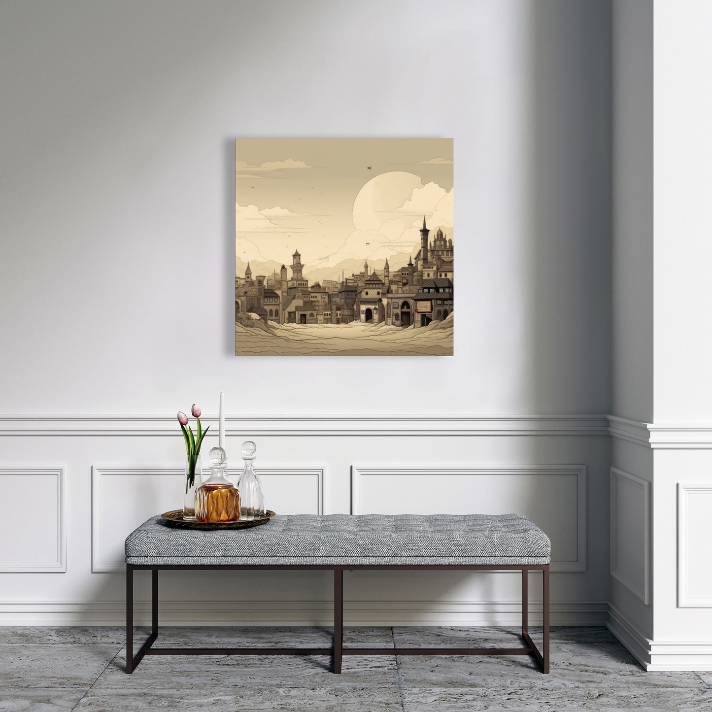 Desert Town Gray Canvas - Stylish Home Decor Artwork