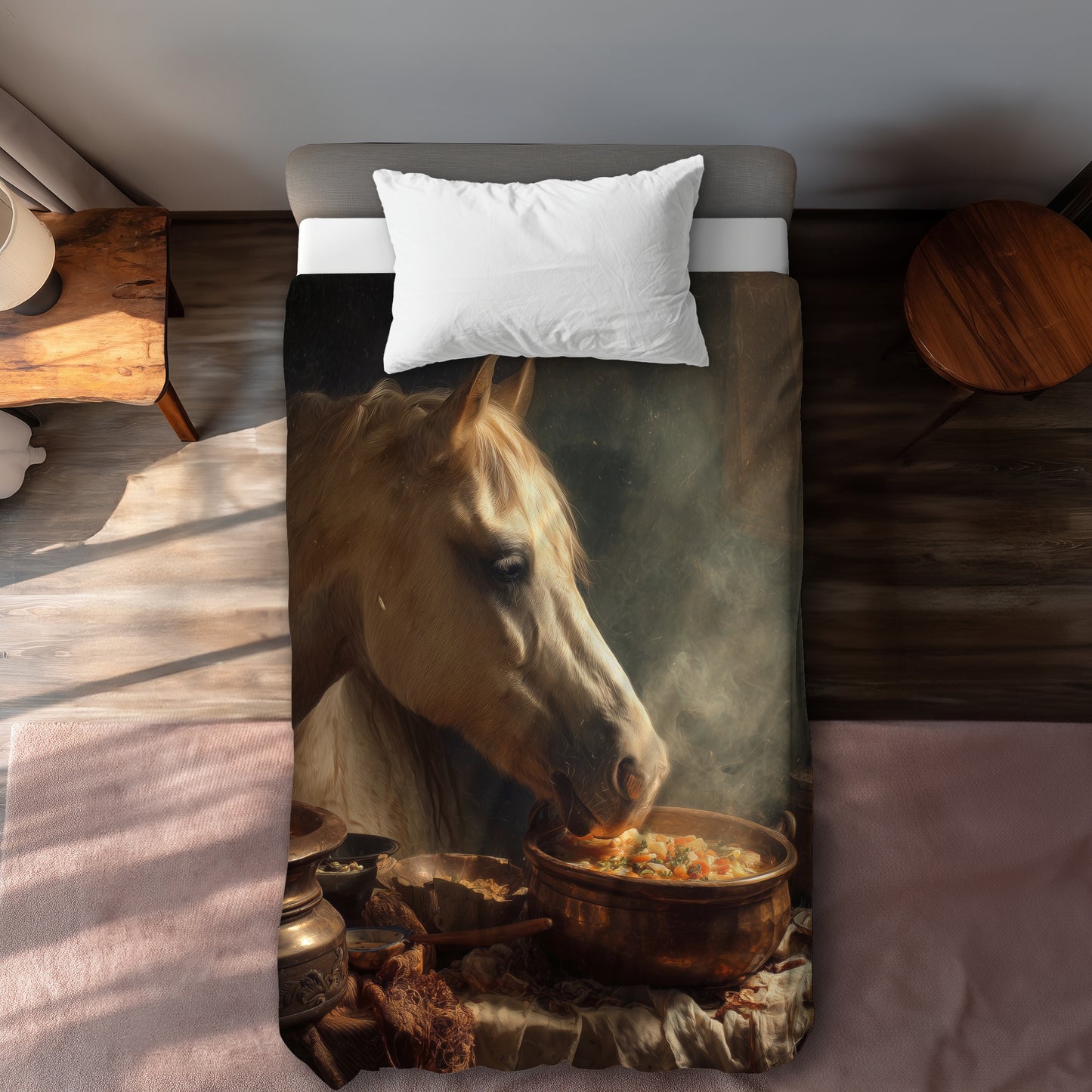 Horse on Soup Beige Duvet Cover | Elegant Home Decor