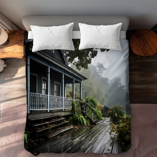 Rainy Porch White Duvet Cover - Elegant Home Decor Masterpiece