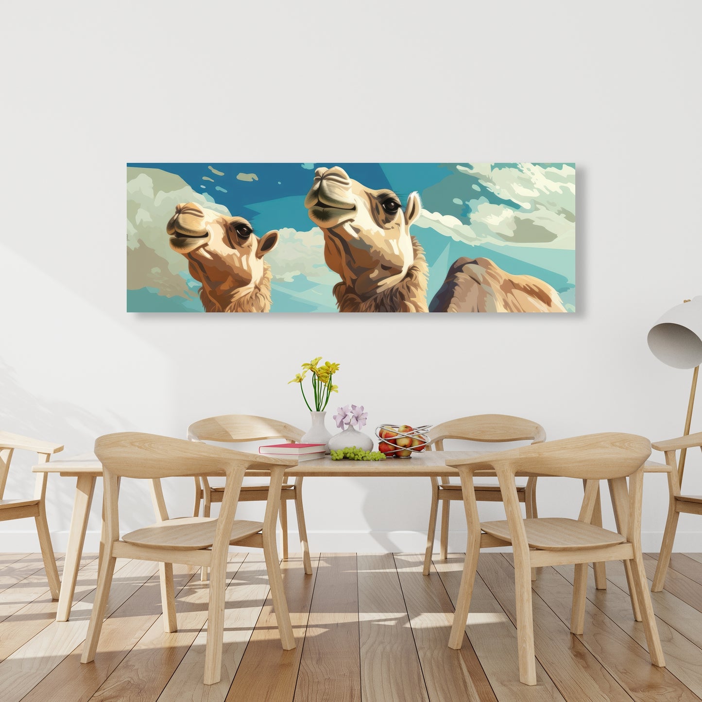 Camels Looking Up - Blue Canvas Art for Home Decor