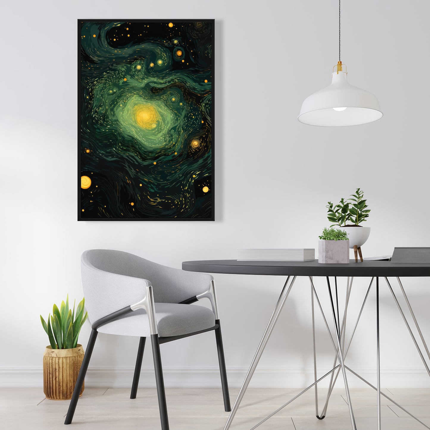 Illuminated in Space - Green Framed Canvas for Home Decor