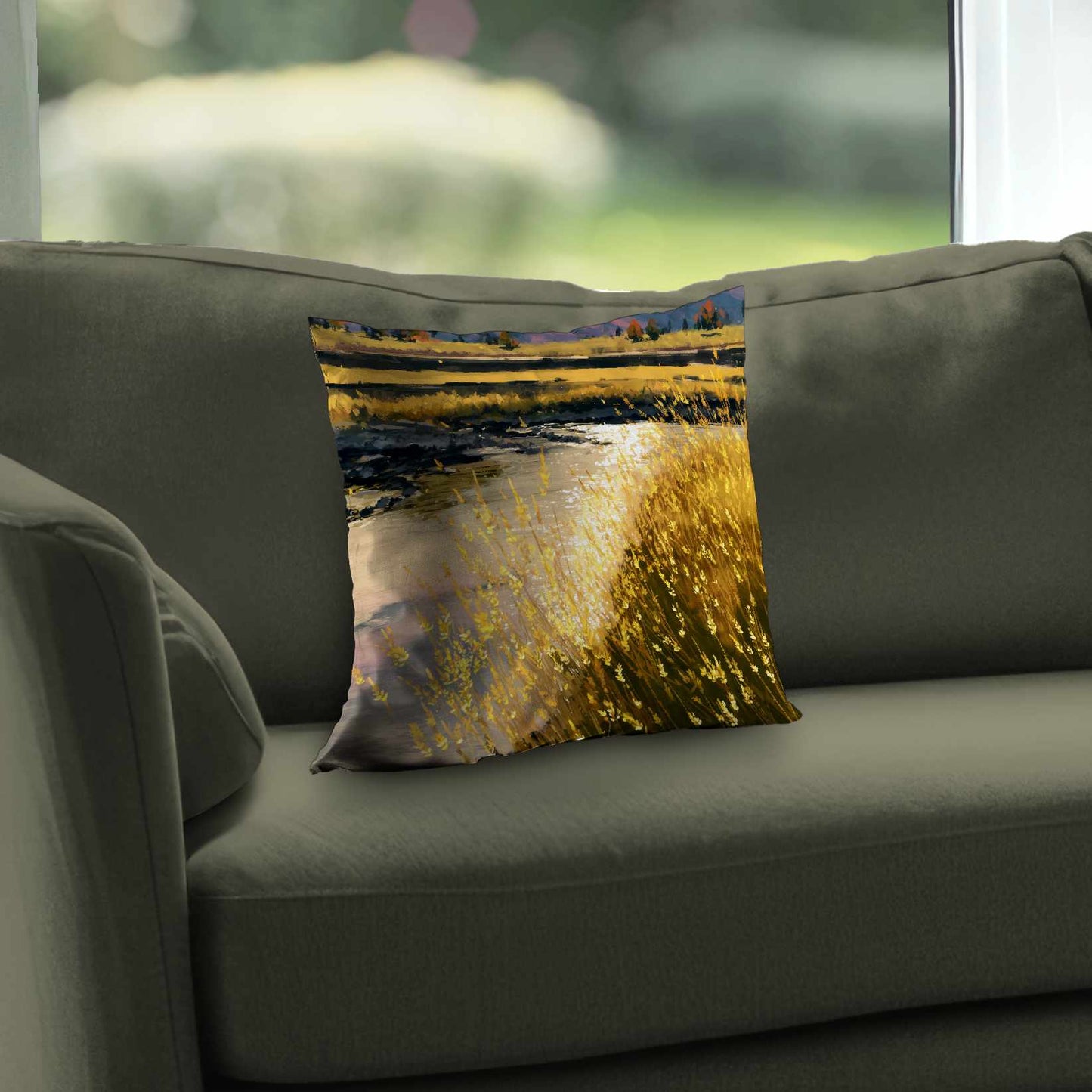Coussin Déco en Twill Polyester "Golden Stream Glow" | Décoration Intérieure