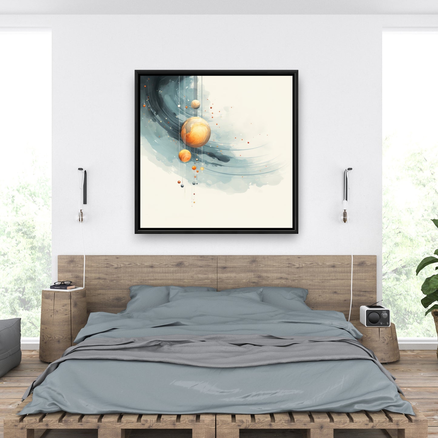 Hanging planets - Blue framed canvas for home decor