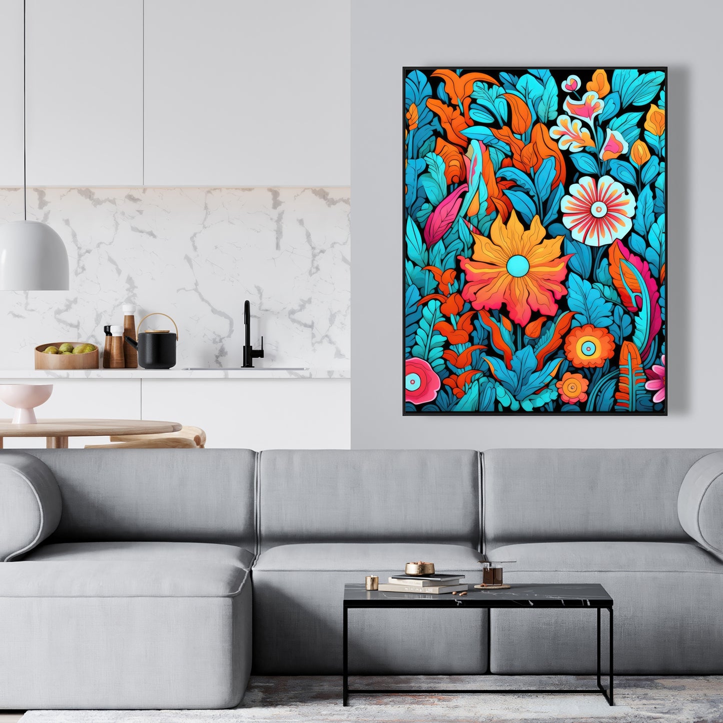 Floral Hues - Turquoise Framed Canvas for Home Decor