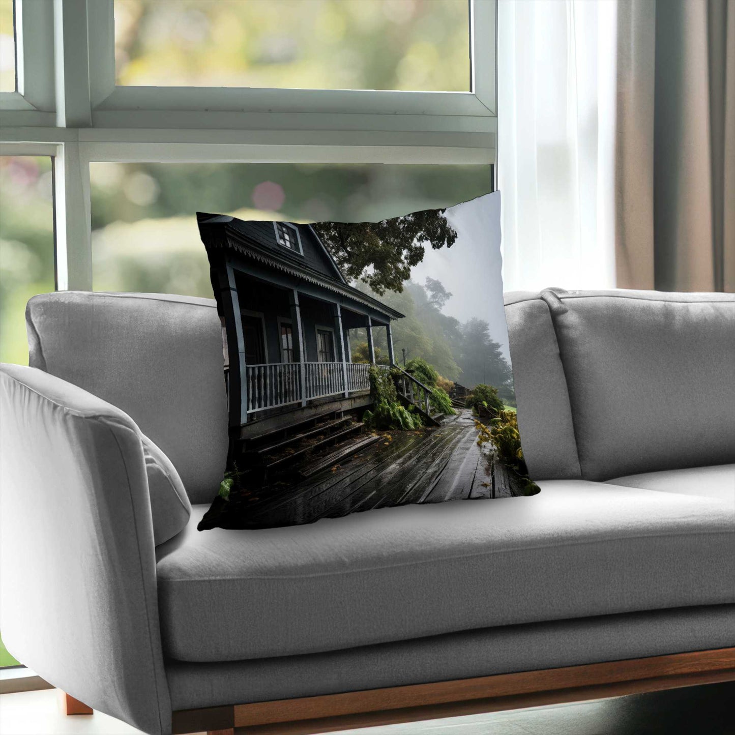 Coussin décoratif en sergé de polyester « Porche pluvieux » - Accessoire de décoration confortable pour la maison