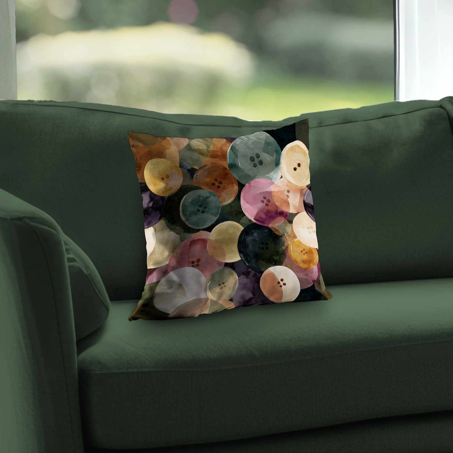 Coussin décoratif en sergé polyester, motif « Colorful Button Dance »