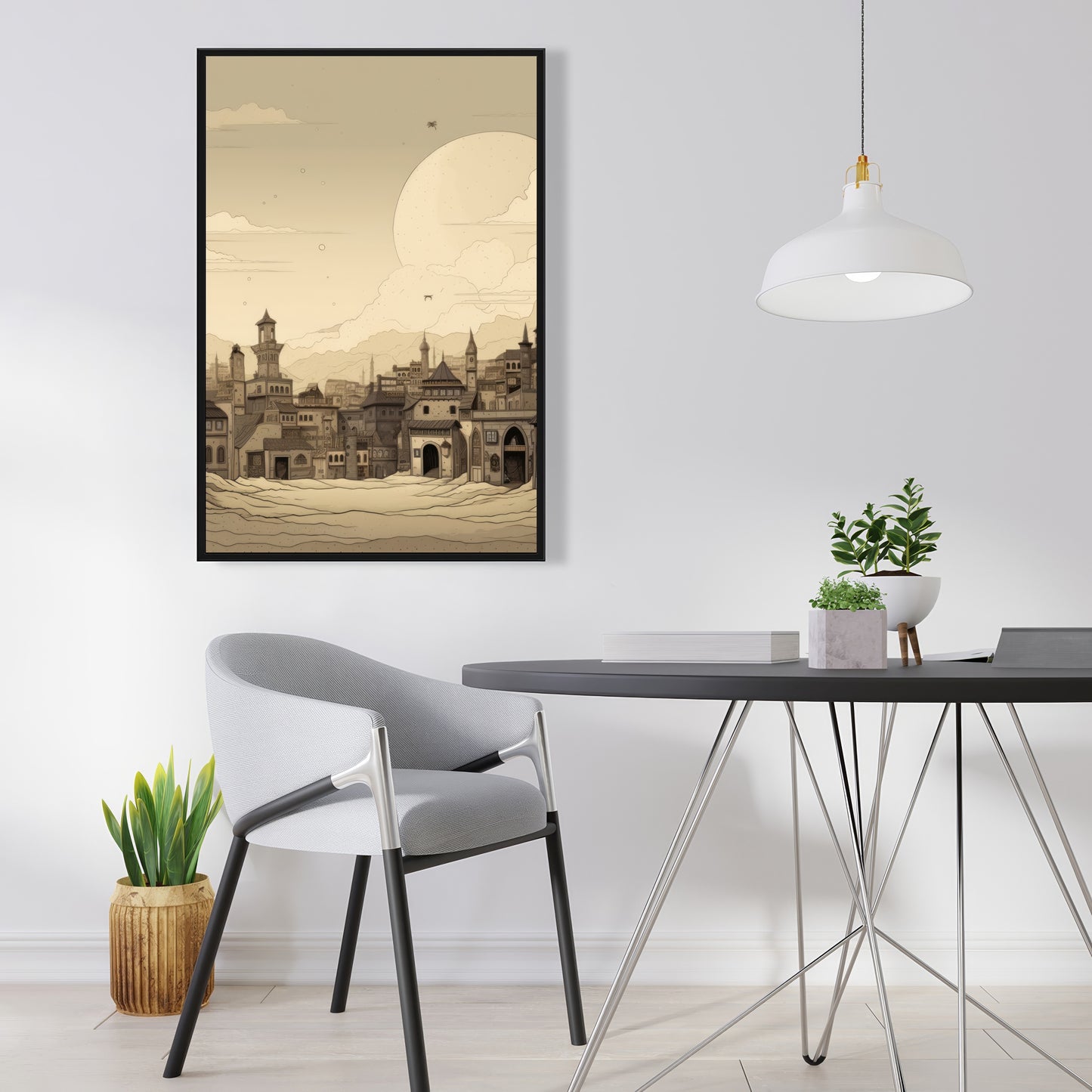 Desert Town - White Framed Canvas for Home Decor | Elegant Art