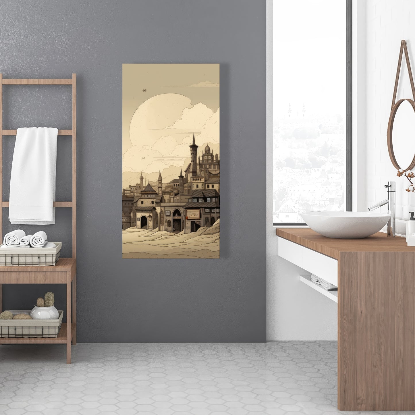 Desert Town Gray Canvas - Stylish Home Decor Artwork