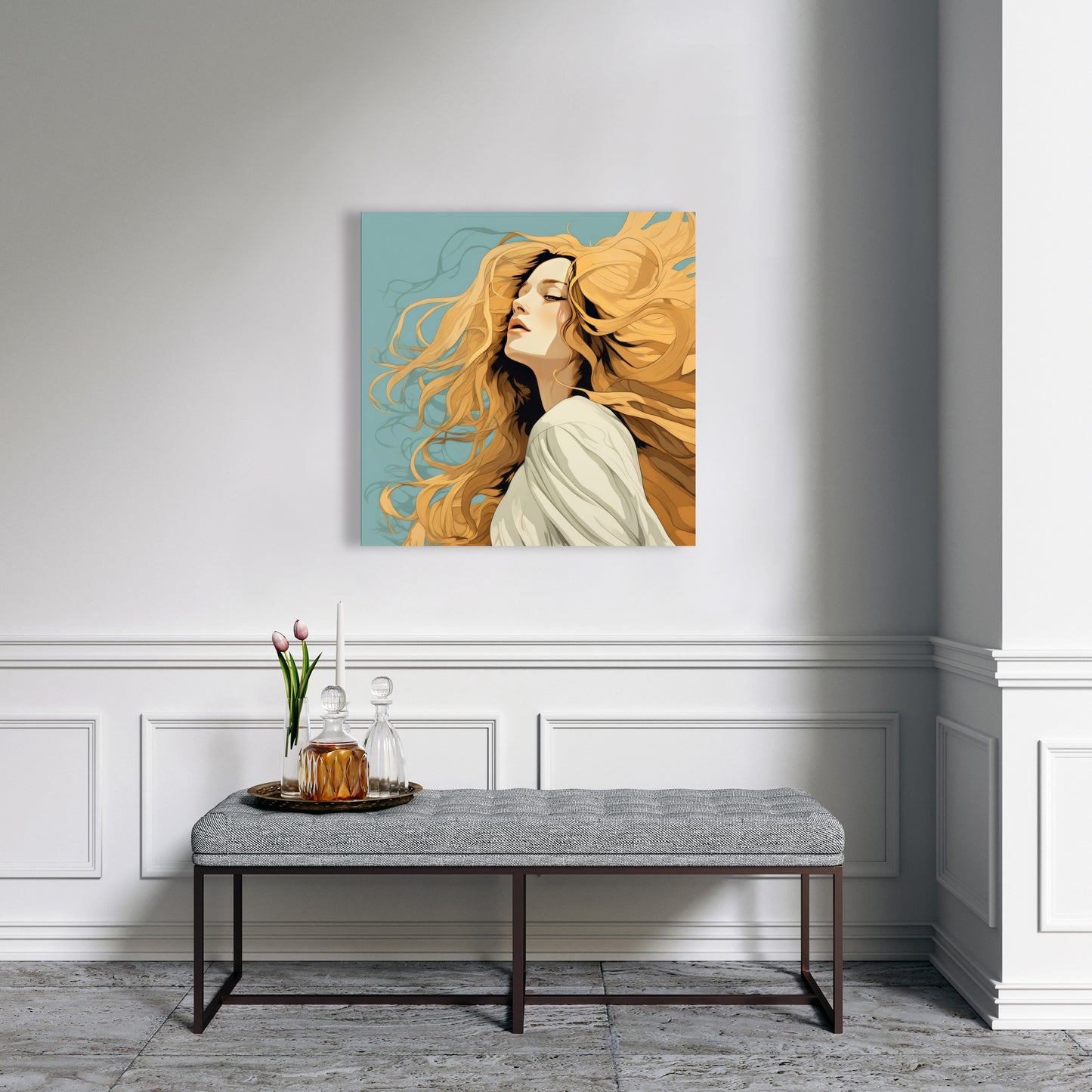 Flowing Hair - Turquoise Canvas Wall Art for Home Decor
