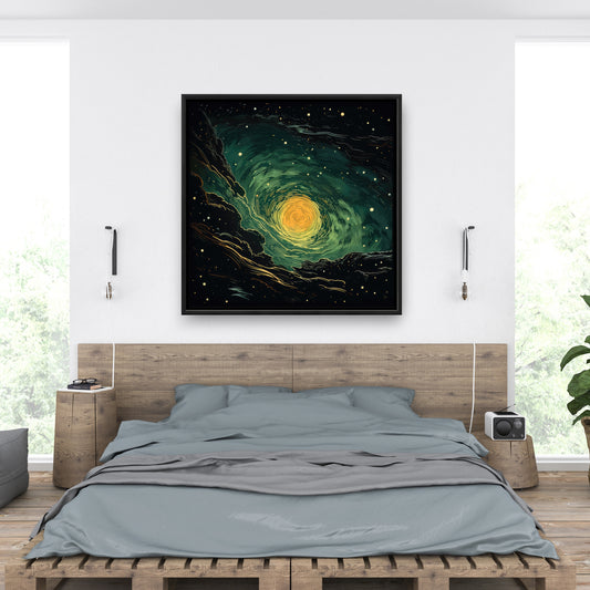 Turmoil in Space - Green Framed Canvas for Home Decor