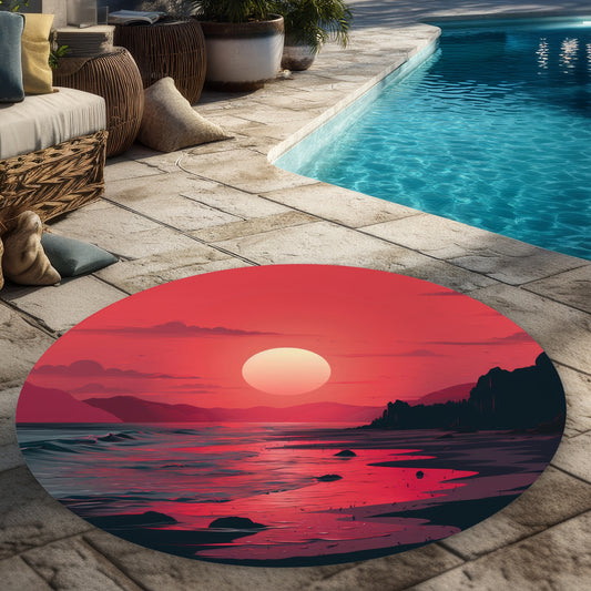 Red Sky Black 5' Round Outdoor Area Rug for Home Decor