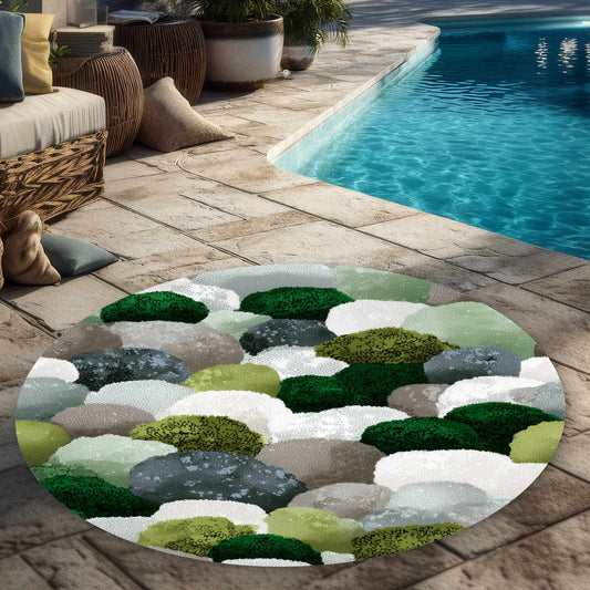 Tapis d'extérieur rond en galets de rivière moussus | Accessoire de décoration intérieure