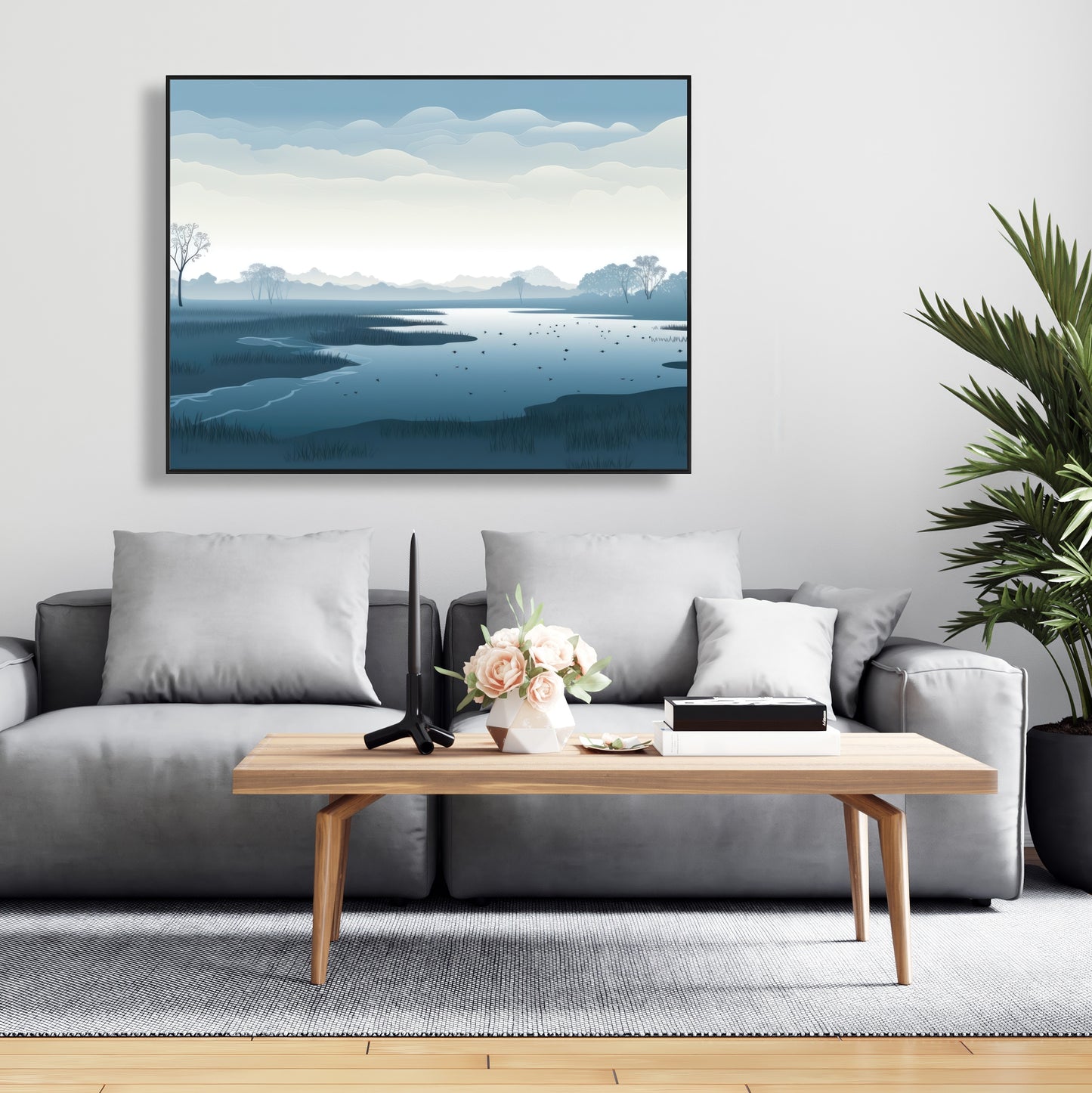 Minimalist Swamp - Blue Framed Canvas for Home Decor
