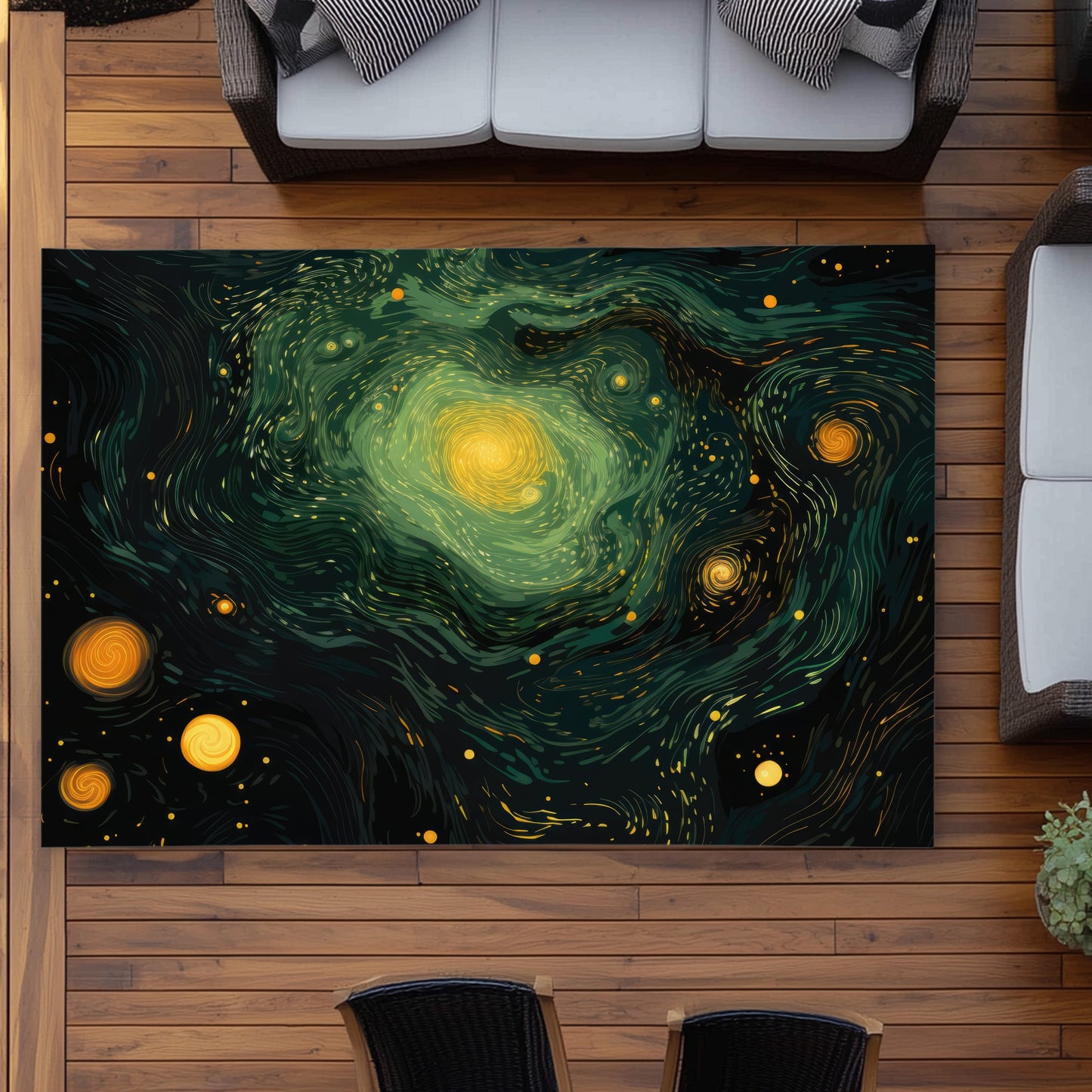 Illuminated in Space - Green Outdoor Area Rug for Home Decor