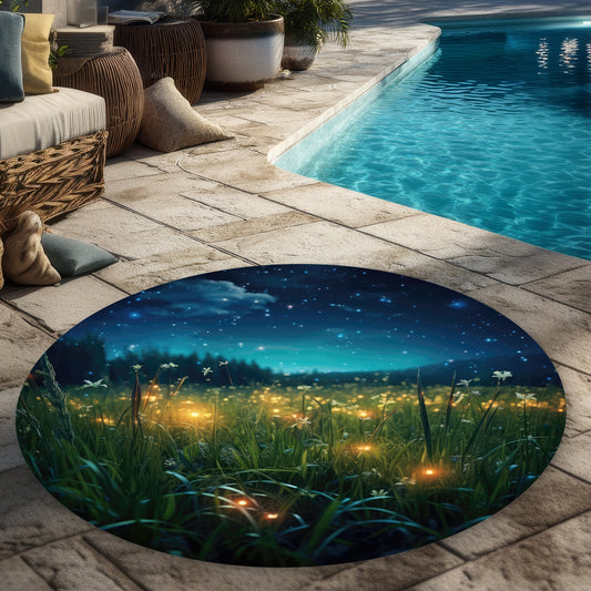 Fireflies at Night Yellow 5' Round Outdoor Area Rug - Home Decor
