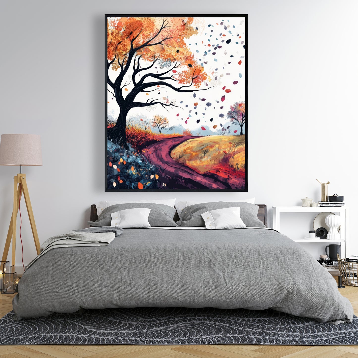 Blowing Leaves - Blue Framed Canvas for Home Decor