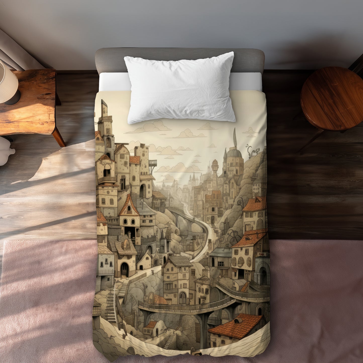 Intricate Town Hall Beige Duvet Cover | Elegant Home Decor