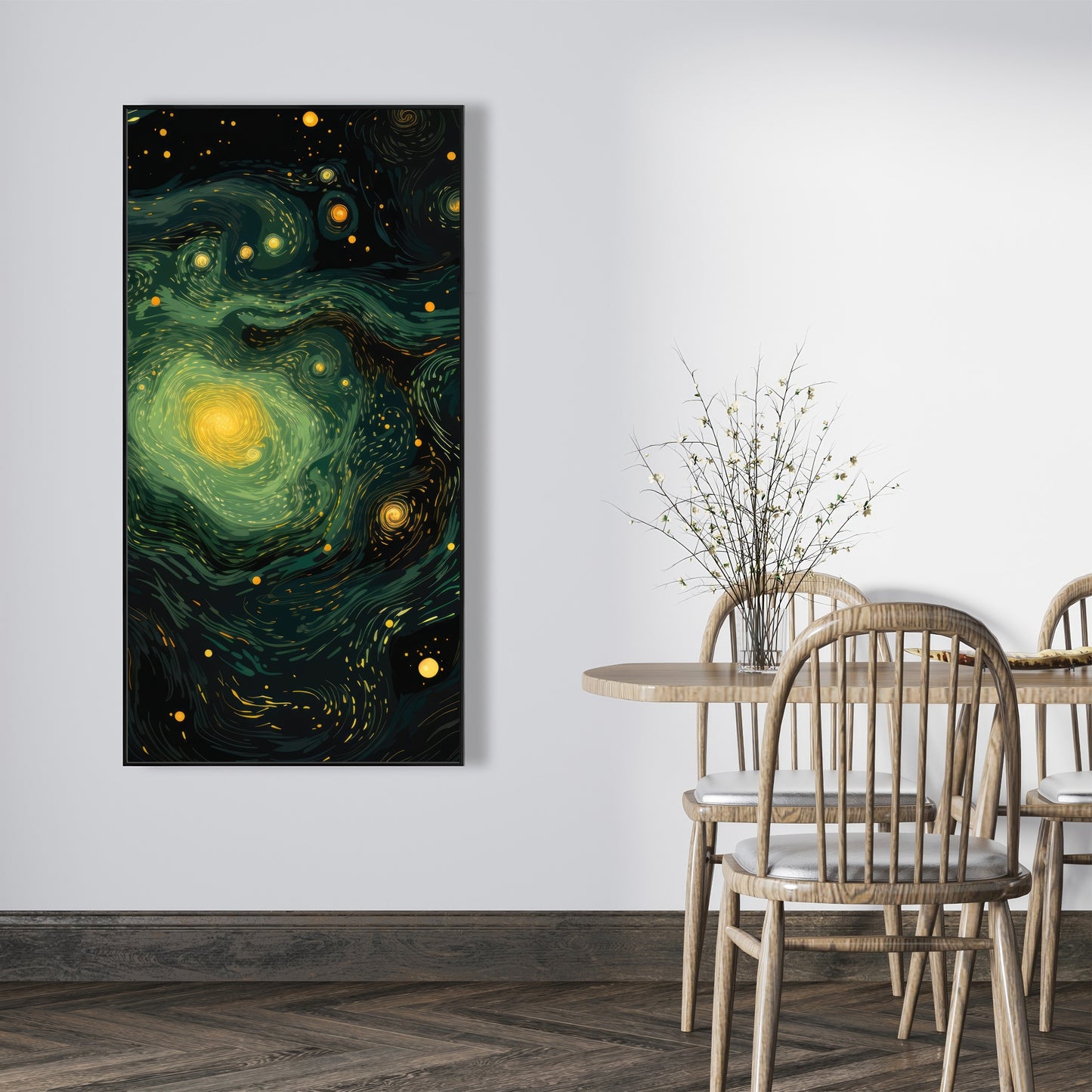 Illuminated in Space - Green Framed Canvas for Home Decor