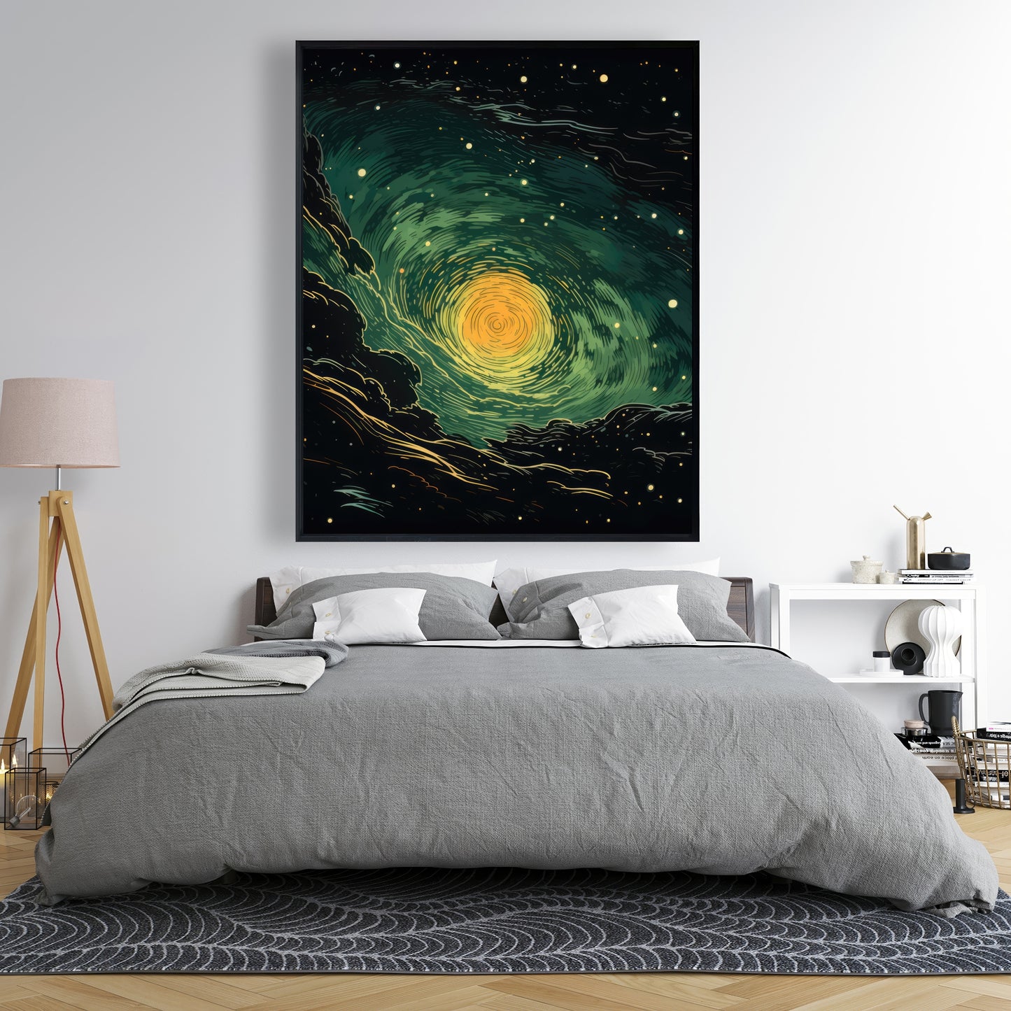 Turmoil in Space - Green Framed Canvas for Home Decor