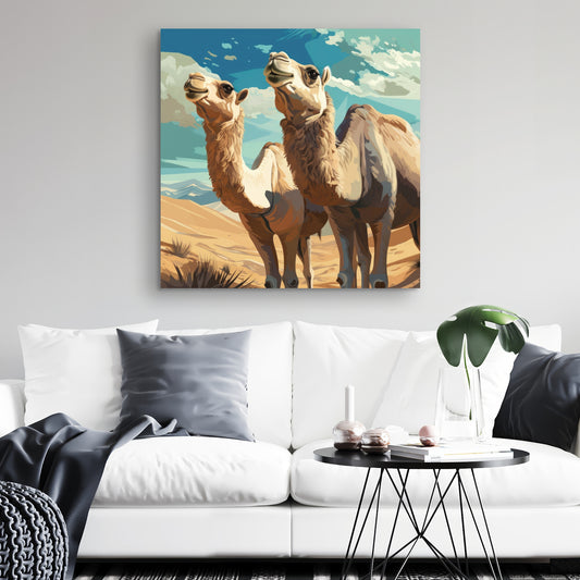Camels Looking Up - Blue Canvas Art for Home Decor