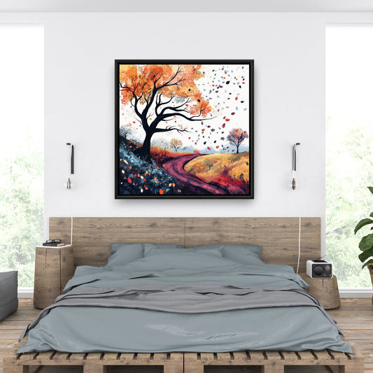 Blowing Leaves - Blue Framed Canvas for Home Decor