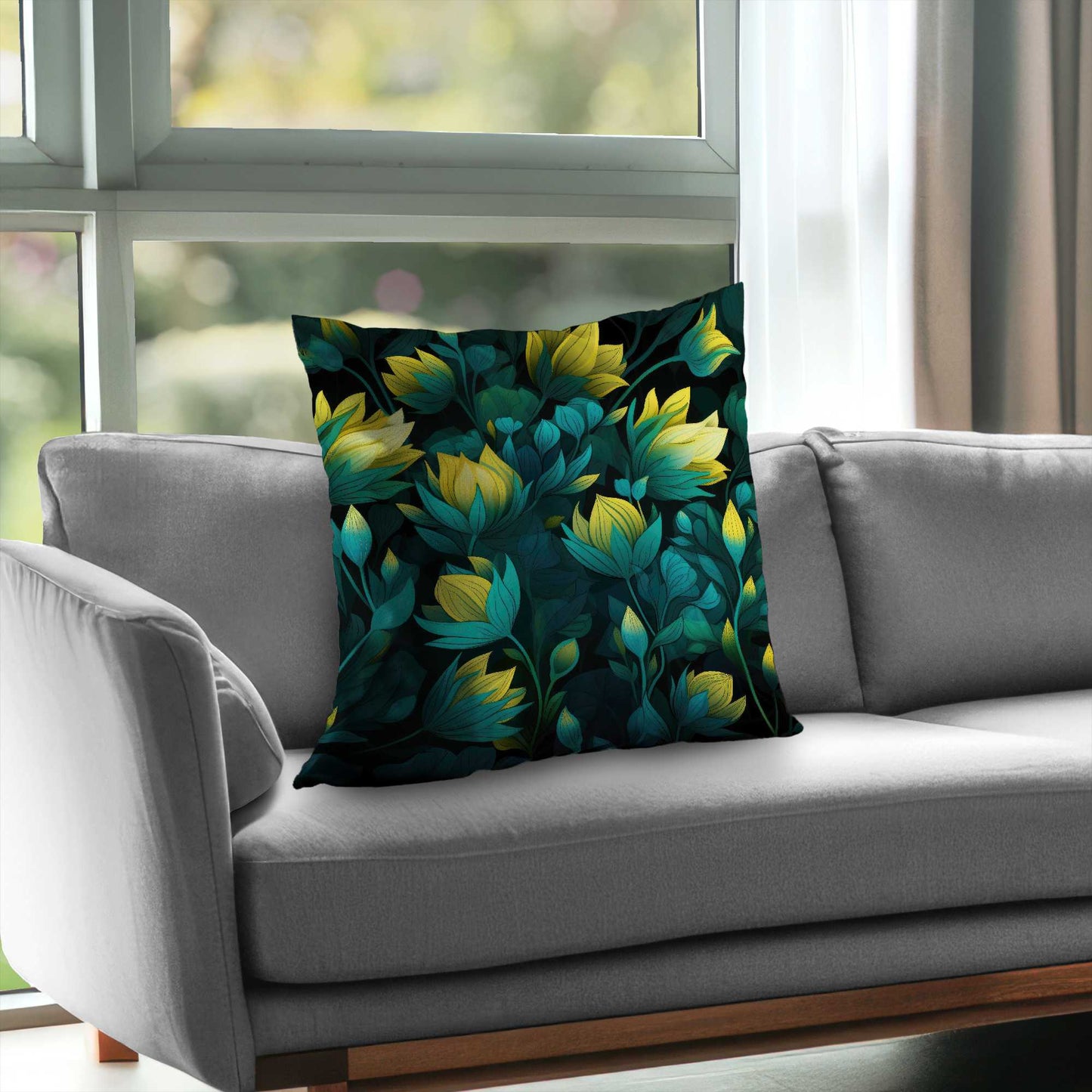 Coussin décoratif en sergé de polyester noir Intense Bloom