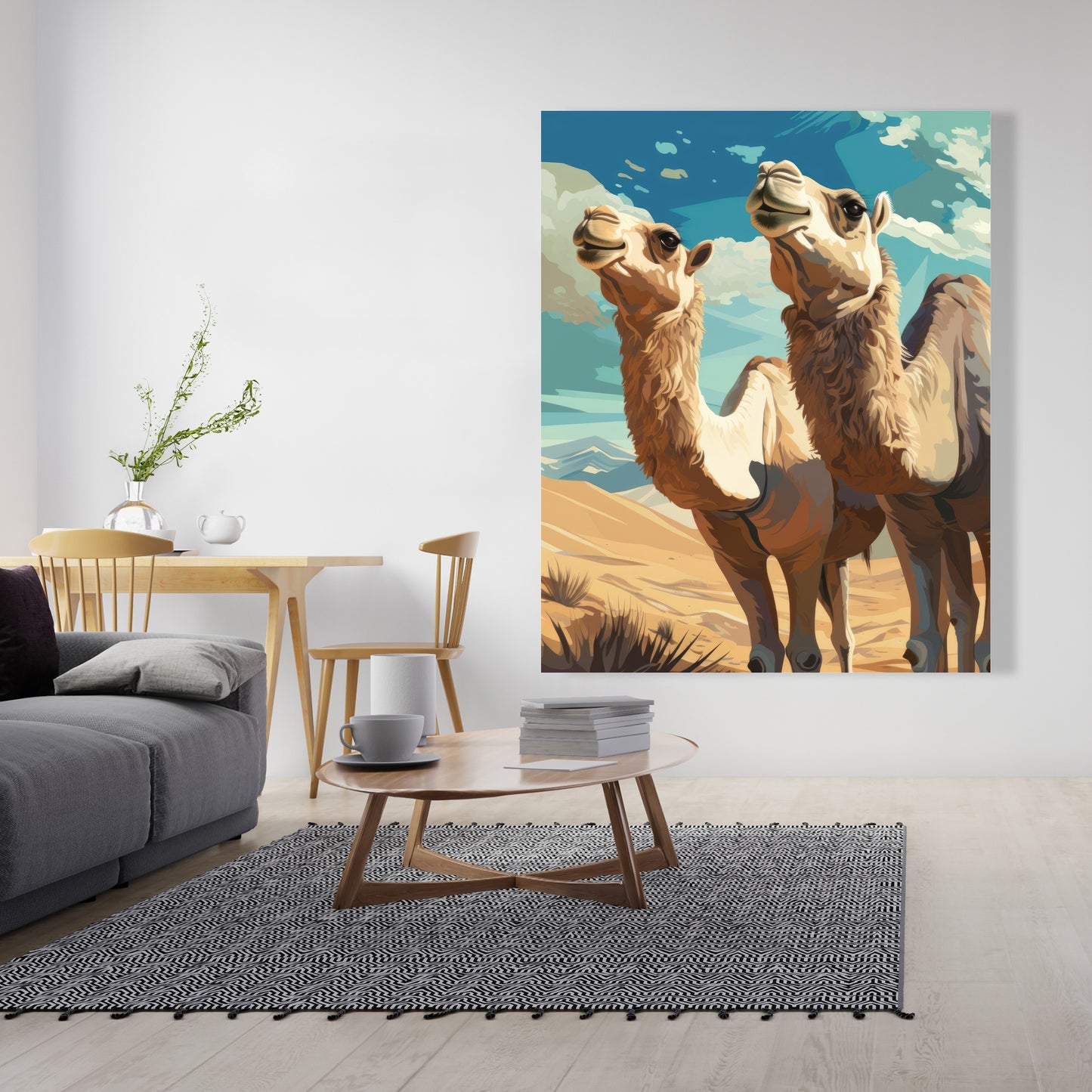 Camels Looking Up - Blue Canvas Art for Home Decor