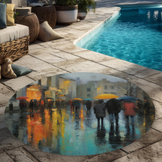 Tapis d'extérieur rond motif jour de pluie | Décoration intérieure élégante