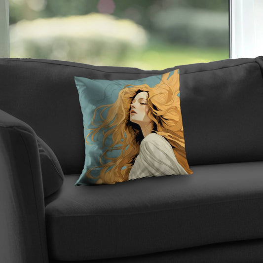 Flowing Hair Turquoise Poly Twill Throw Pillow - Home Decor
