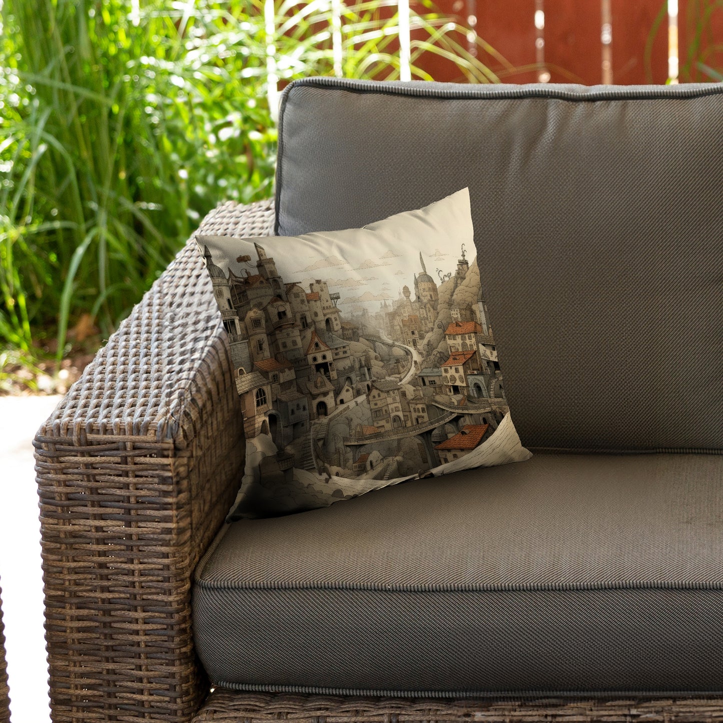Intricate town hall Orange poly twill throw pillow | Home decor