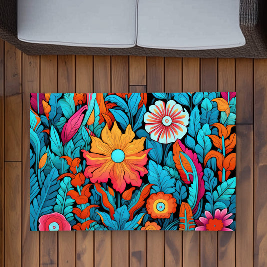 Floral Hues Turquoise Outdoor Area Rug | Home Decor Essentials