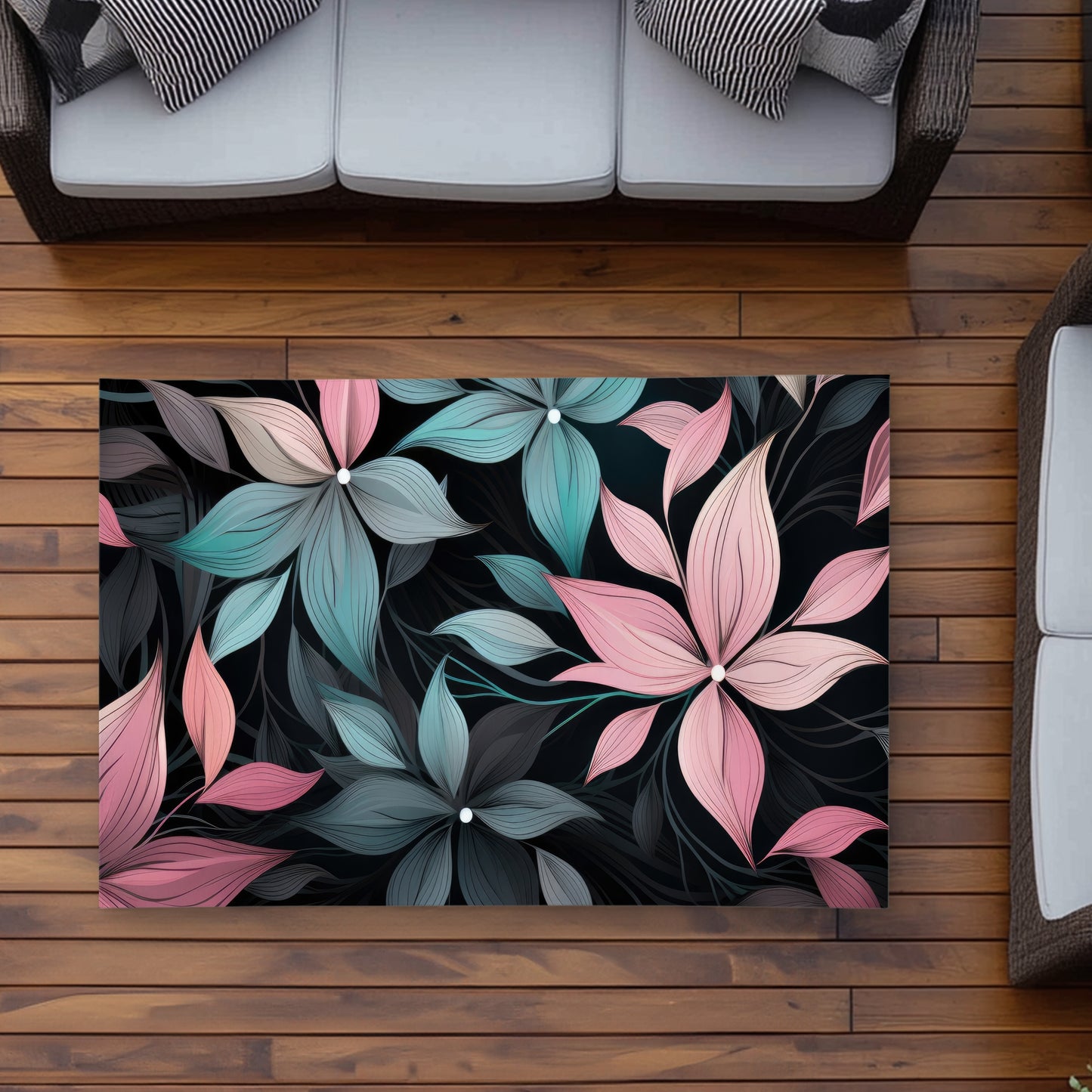 Desaturated Flowers Black Outdoor Area Rug - Home Decor