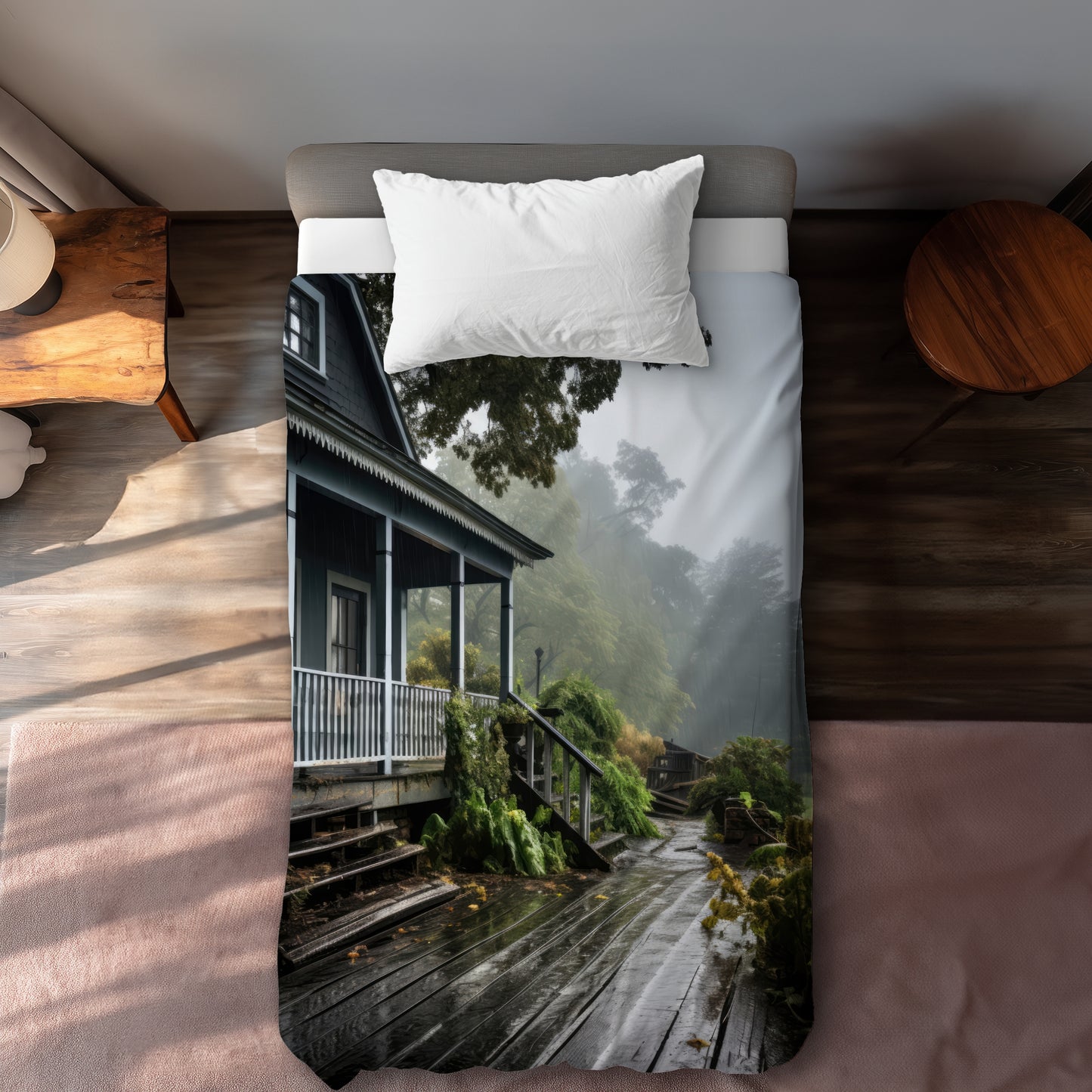 Rainy Porch White Duvet Cover - Elegant Home Decor Masterpiece