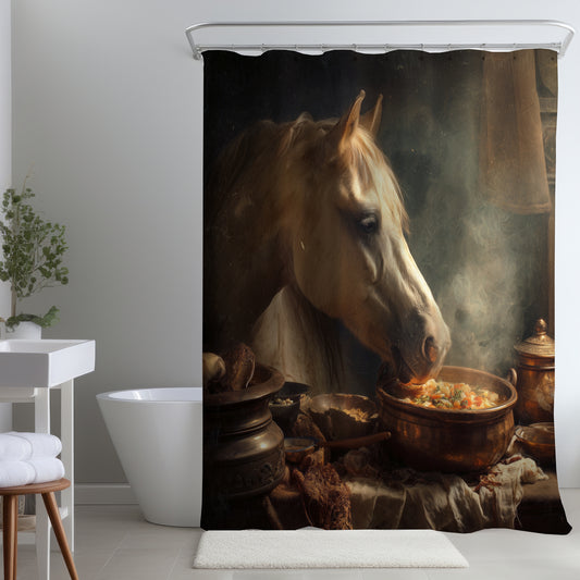 Horse on Soup Black Shower Curtain | Stylish Home Decor
