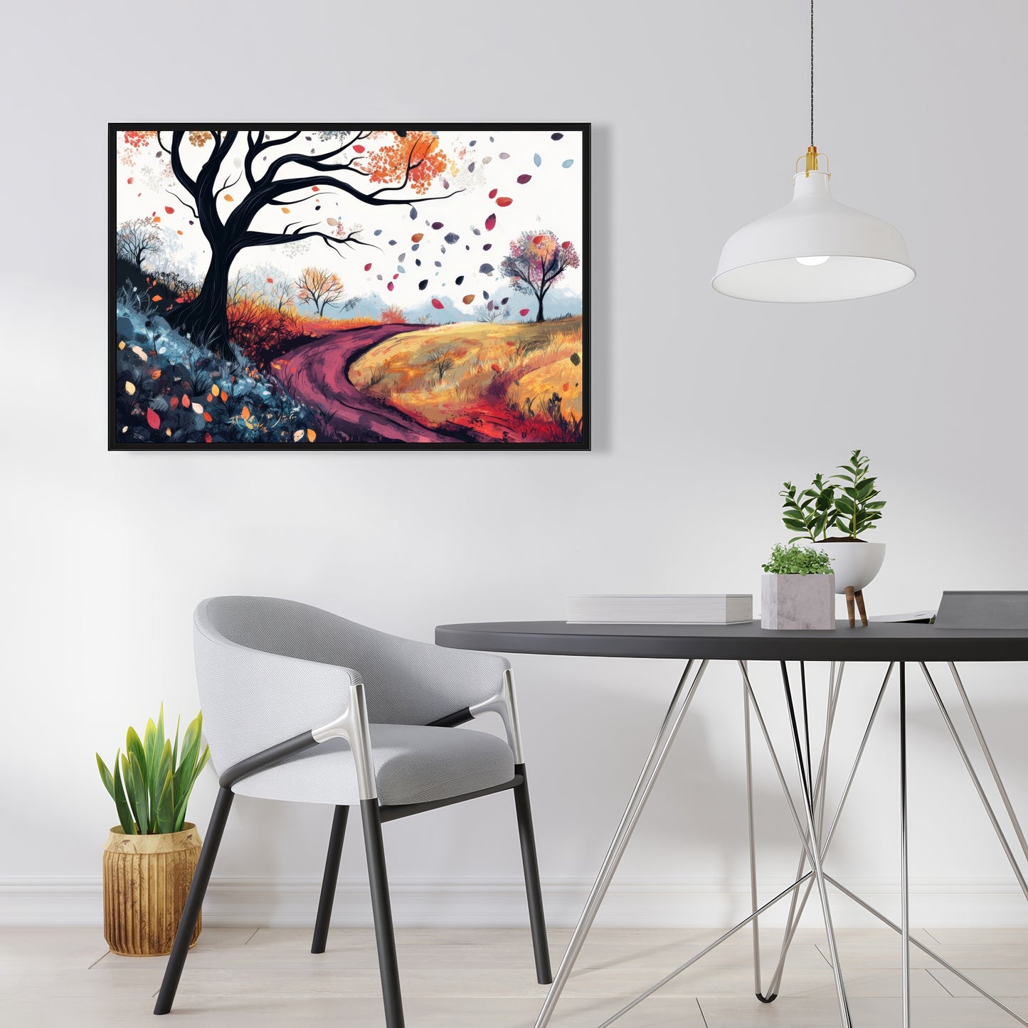 Blowing Leaves - Blue Framed Canvas for Home Decor
