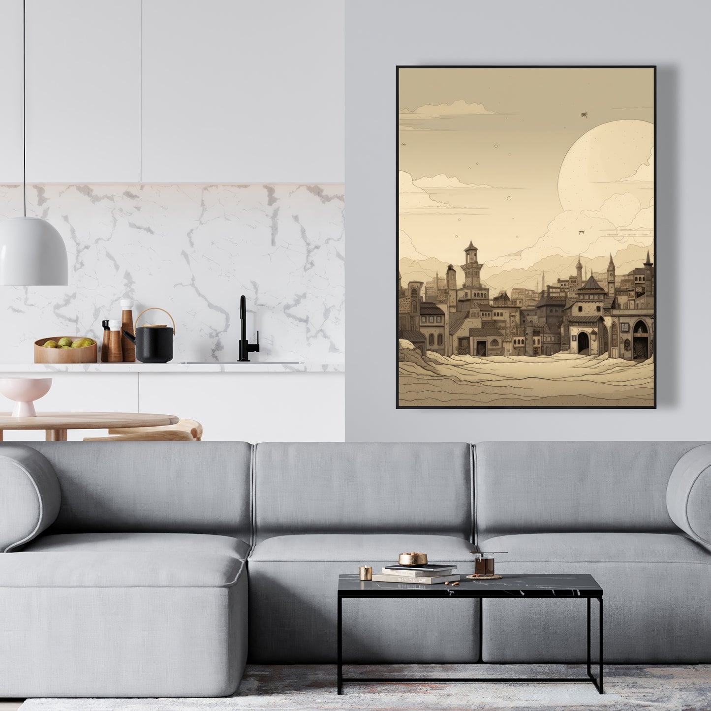 Desert Town - White Framed Canvas for Home Decor | Elegant Art