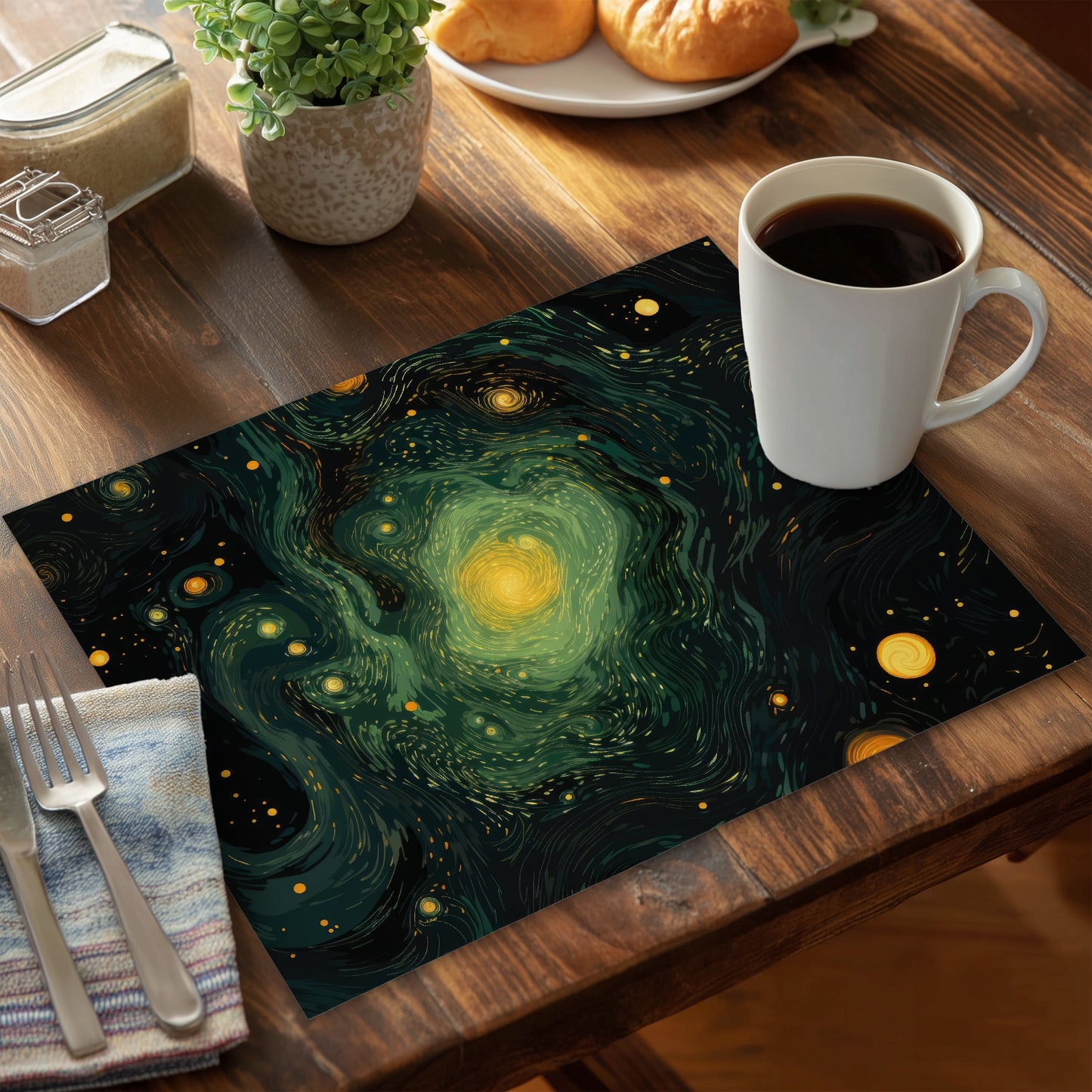 Illuminated in Space - Black Polyester Placemat for Home Decor