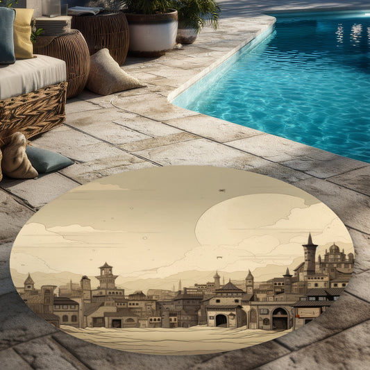 Desert Town Beige Round Outdoor Area Rug for Home Decor