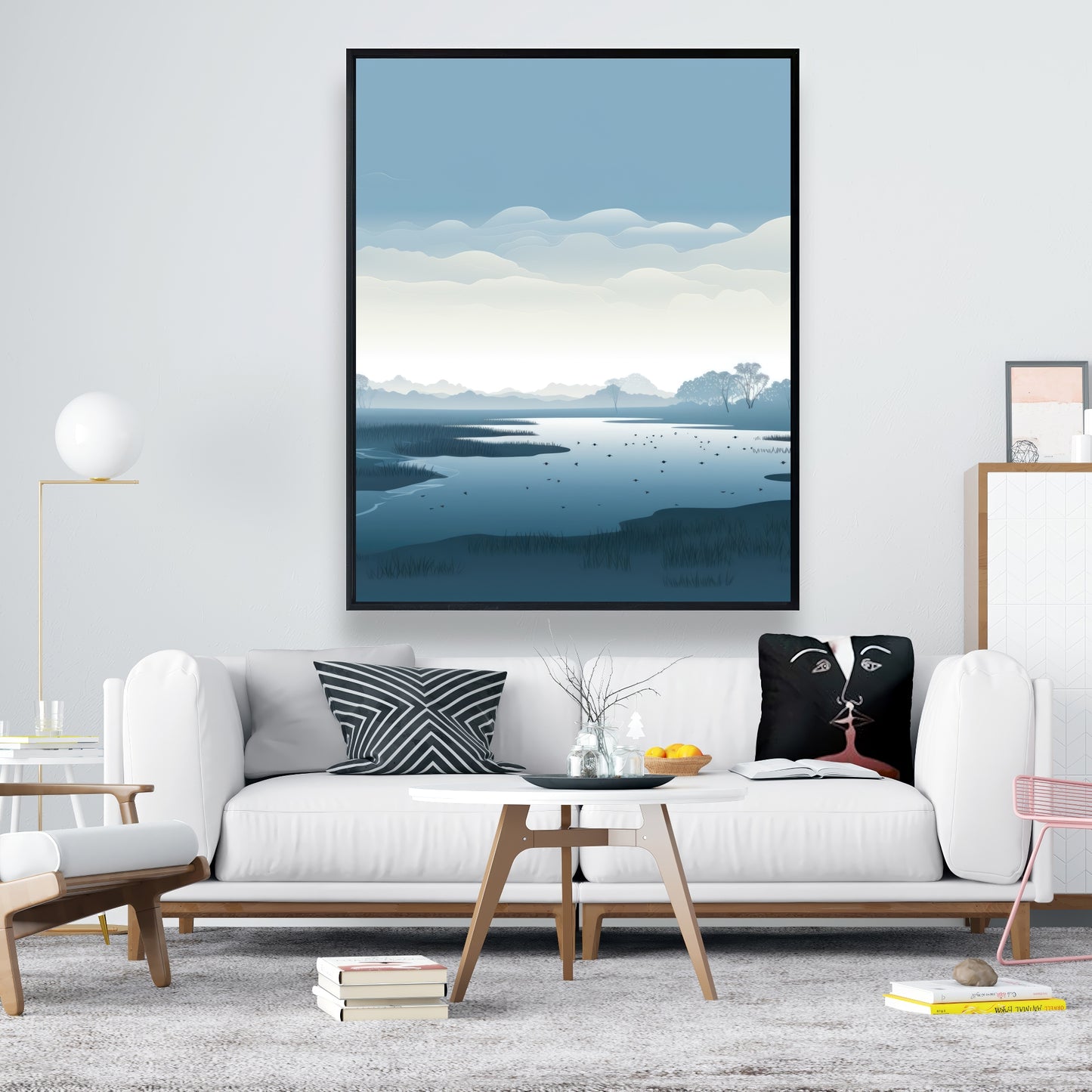 Minimalist Swamp - Blue Framed Canvas for Home Decor