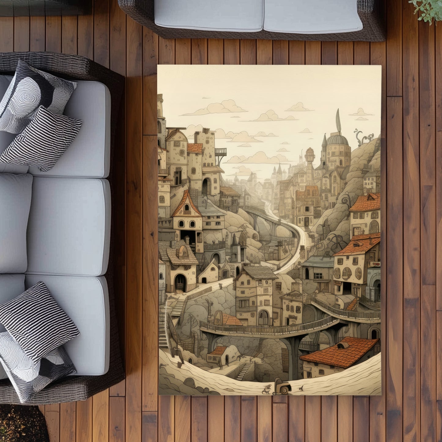 Intricate Town Hall Beige Outdoor Area Rug for Home Decor