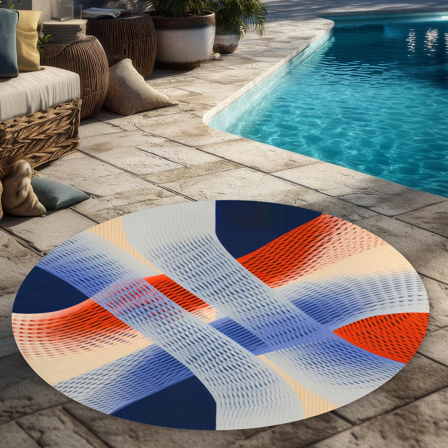 Abstract Threading Beige 5' Round Outdoor Rug | Home Decor