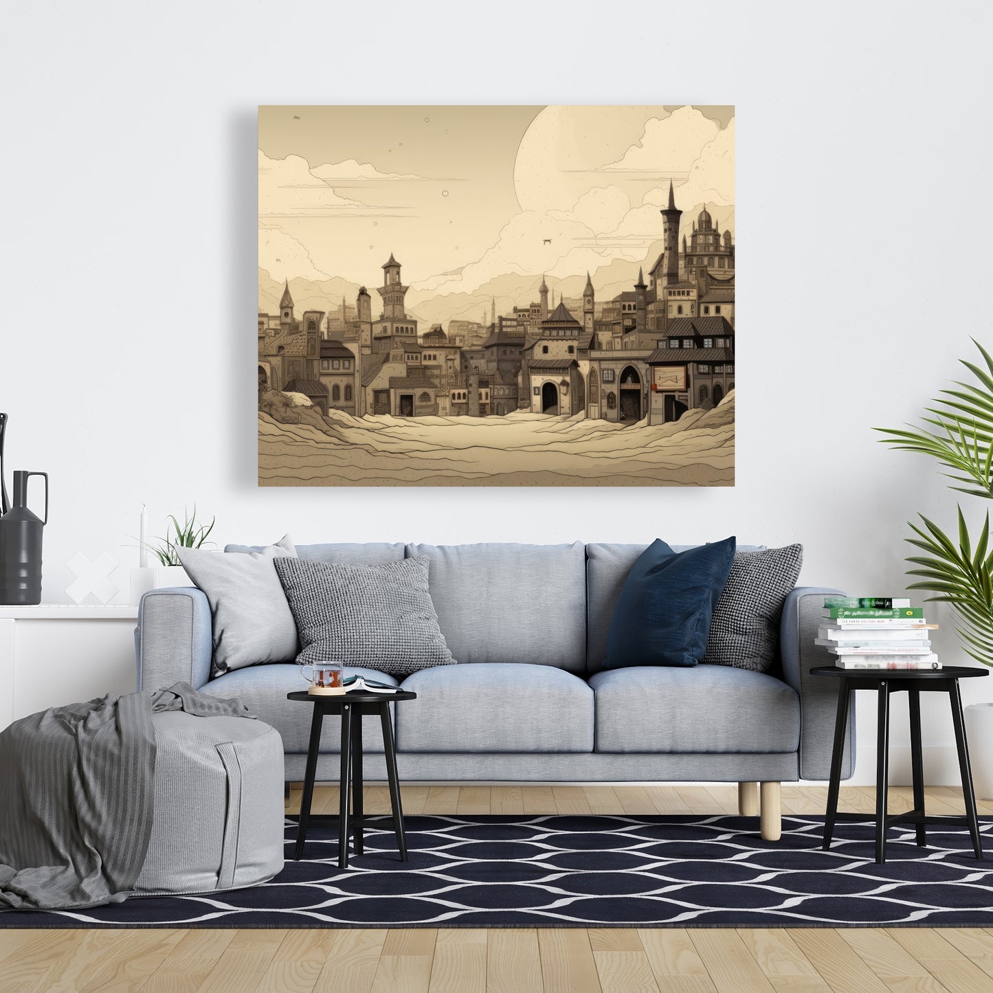 Desert Town Gray Canvas - Stylish Home Decor Artwork