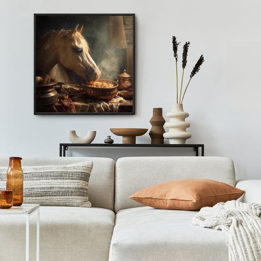 Horse on soup - 24"x24" Framed canvas