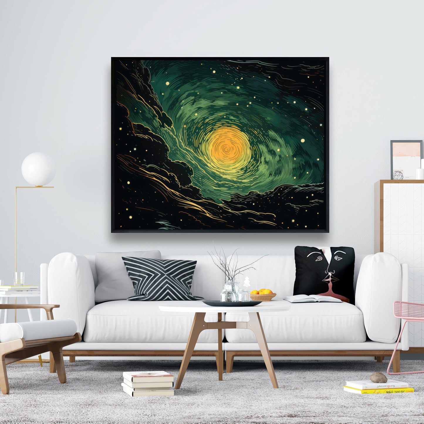 Turmoil in Space - Green Framed Canvas for Home Decor
