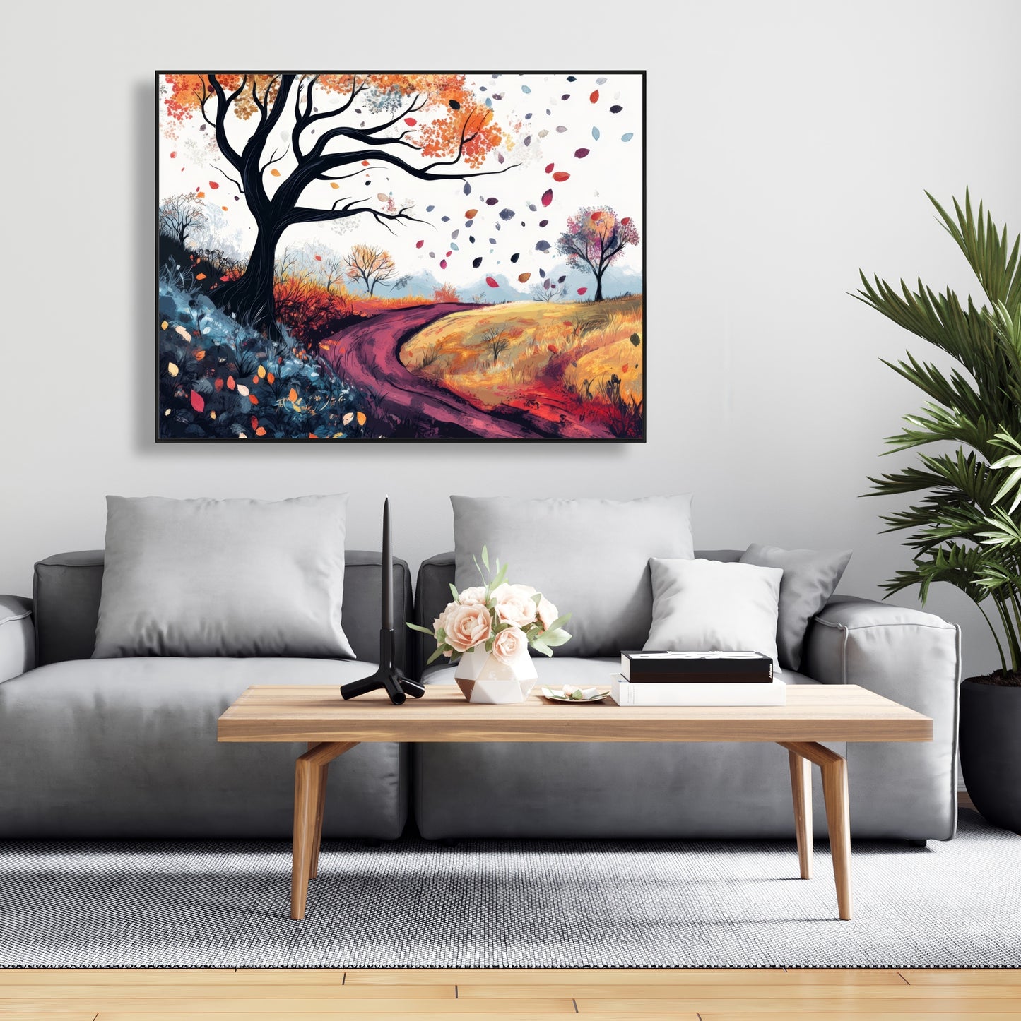 Blowing Leaves - Blue Framed Canvas for Home Decor
